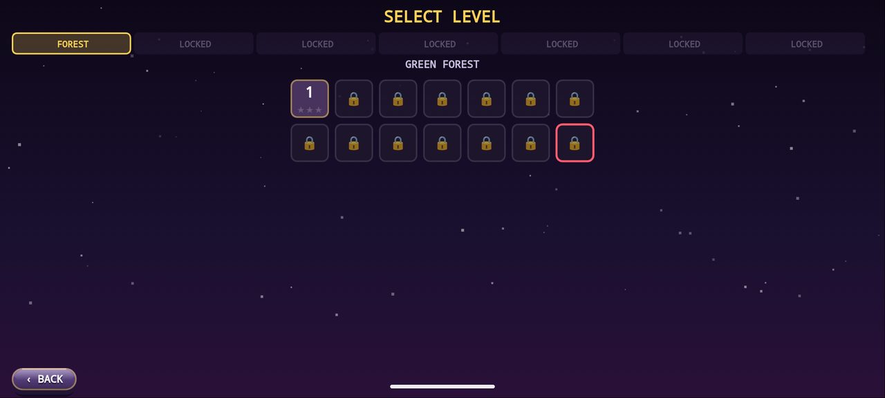 The level select grid showing locked and unlocked levels across the Green Forest